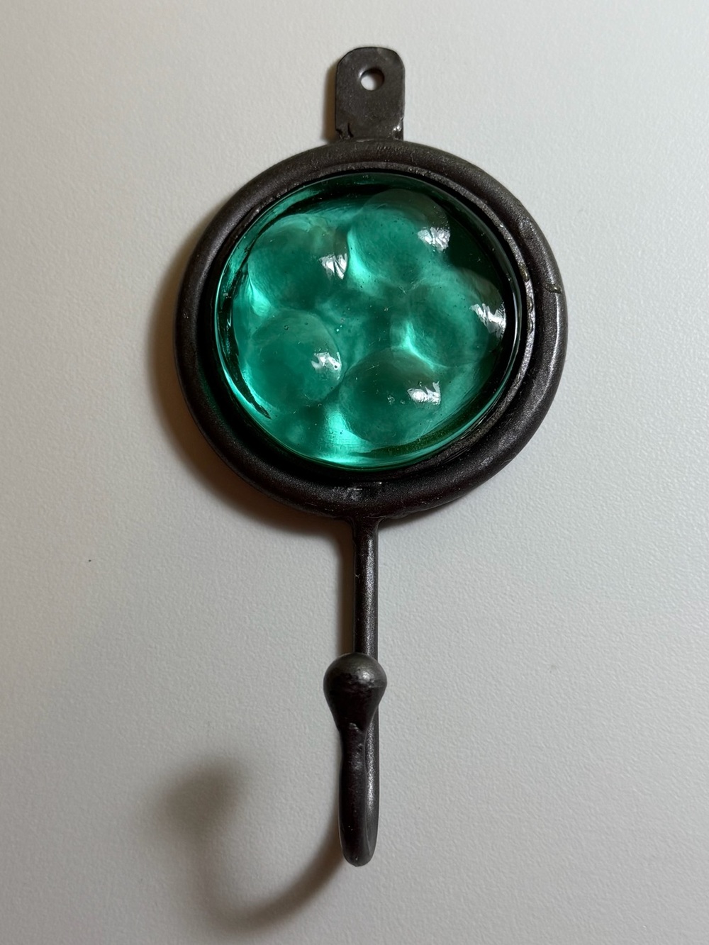 Vintage Industrial Cast Iron Wall Hook with Textured Turquoise Glass Hobnail